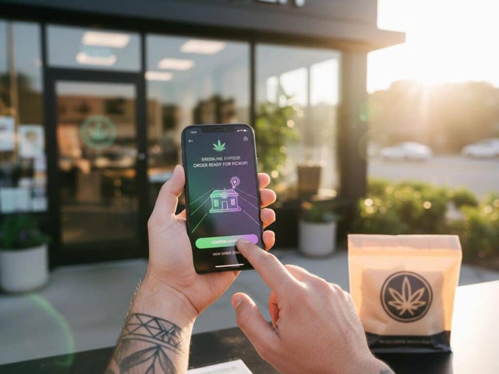 Person holding a smartphone, interacting with a cannabis express pickup app