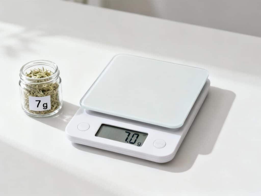 A glass jar of 7g dried herbs next to a white digital scale displaying 7.0g on a table