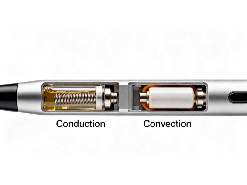 Cutaway view of a vape pen, illustrating internal conduction coil in liquid and convection heating element
