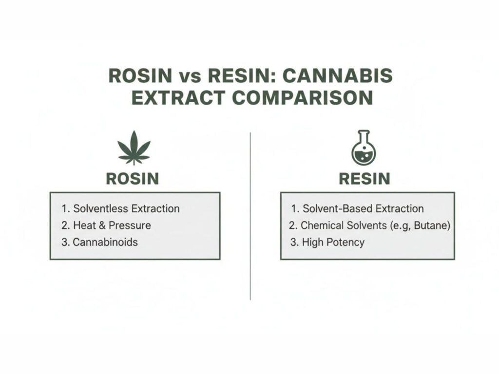 A comparison chart outlining differences between Rosin and Resin cannabis extracts, including extraction methods
