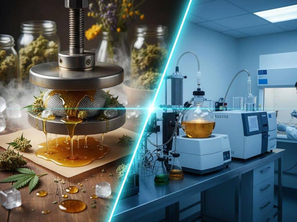 A split image shows artisanal rosin pressing with ice and plants, and scientific lab equipment