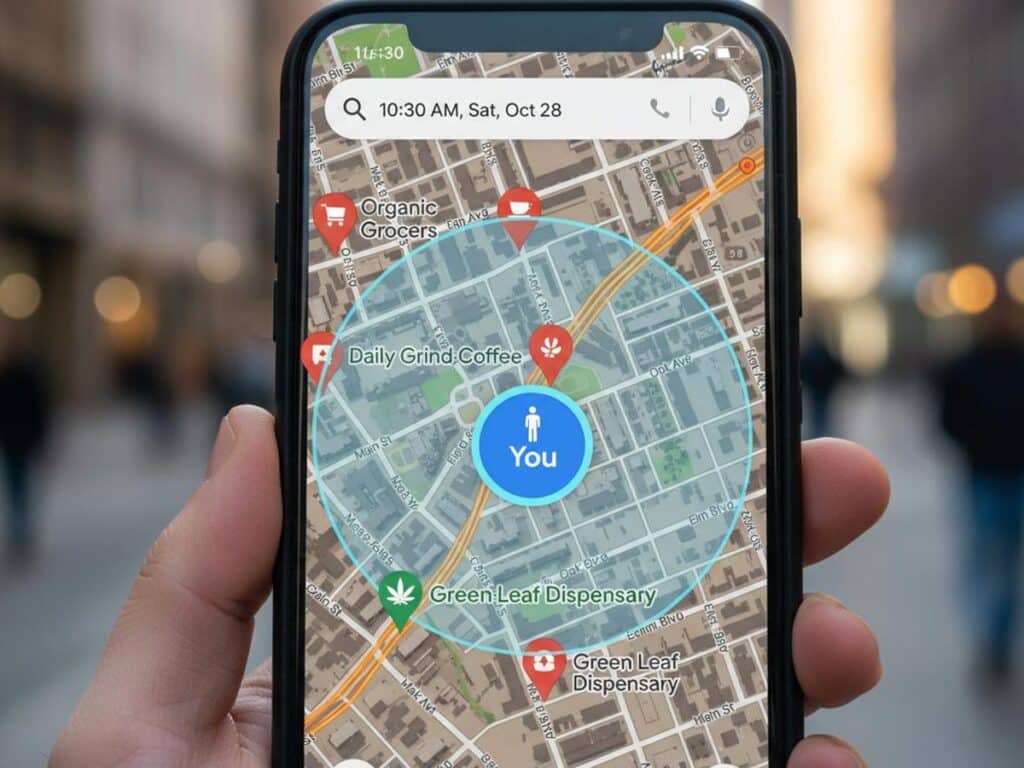 Map with a central 'You' location, showing a radius and nearby pins for shops and a dispensary.