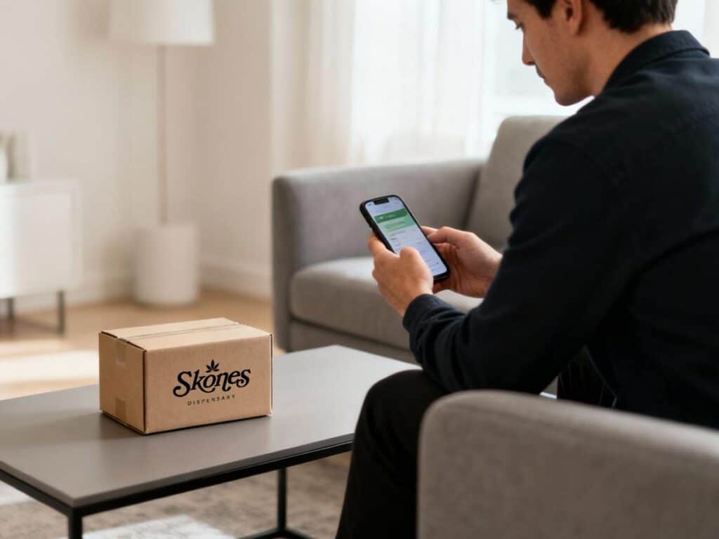 A man sits on a sofa checking his phone, with a Skones delivery box on a coffee table