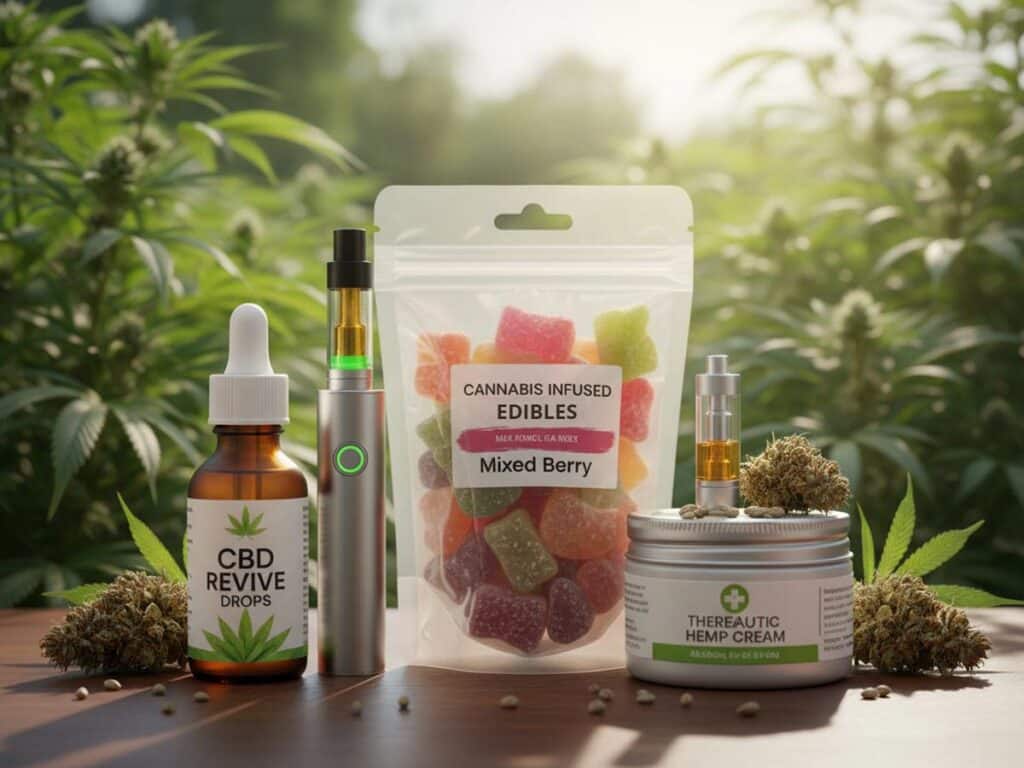 Various medical marijuana products: a tincture bottle, edible cannabis in a bag, topical cream, and a device