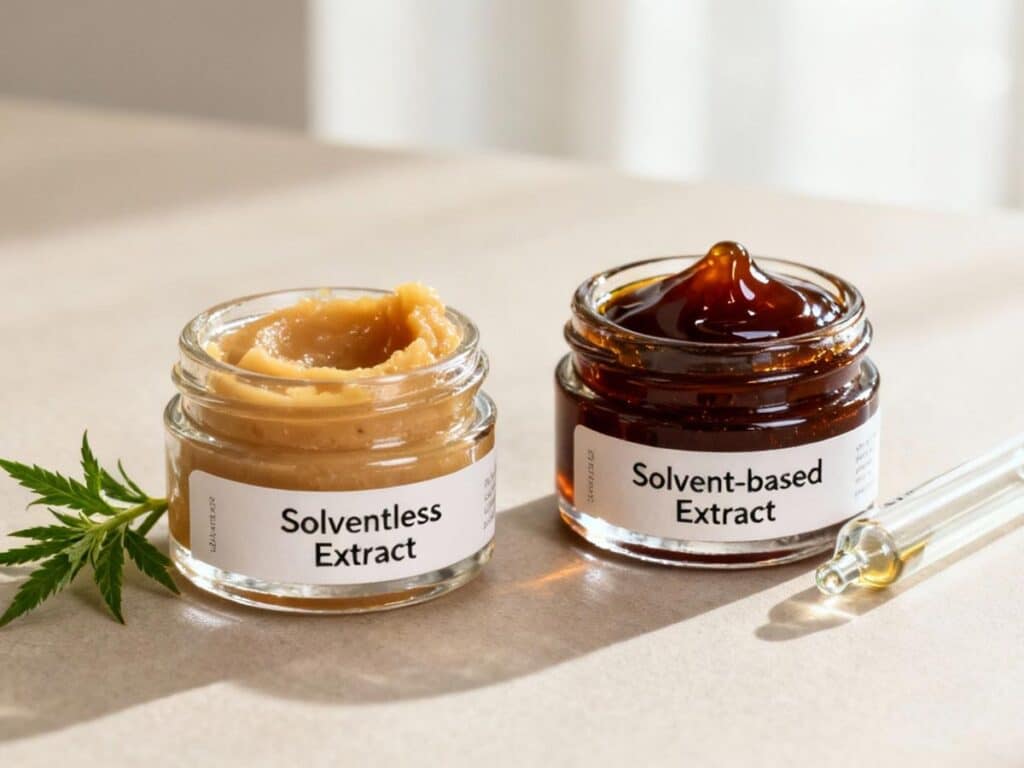 Two jars of cannabis extracts, one solventless (light) and one solvent-based (dark), with a leaf and vial