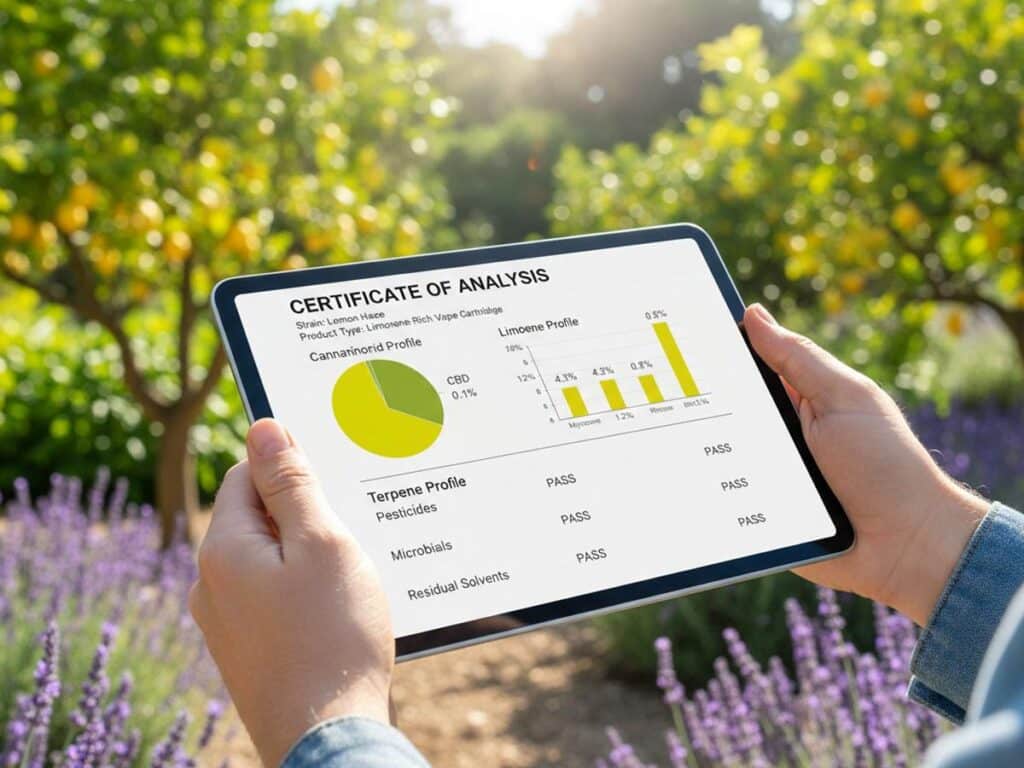Hands holding a tablet displaying a certificate of analysis for a Limonene-rich herbal product.