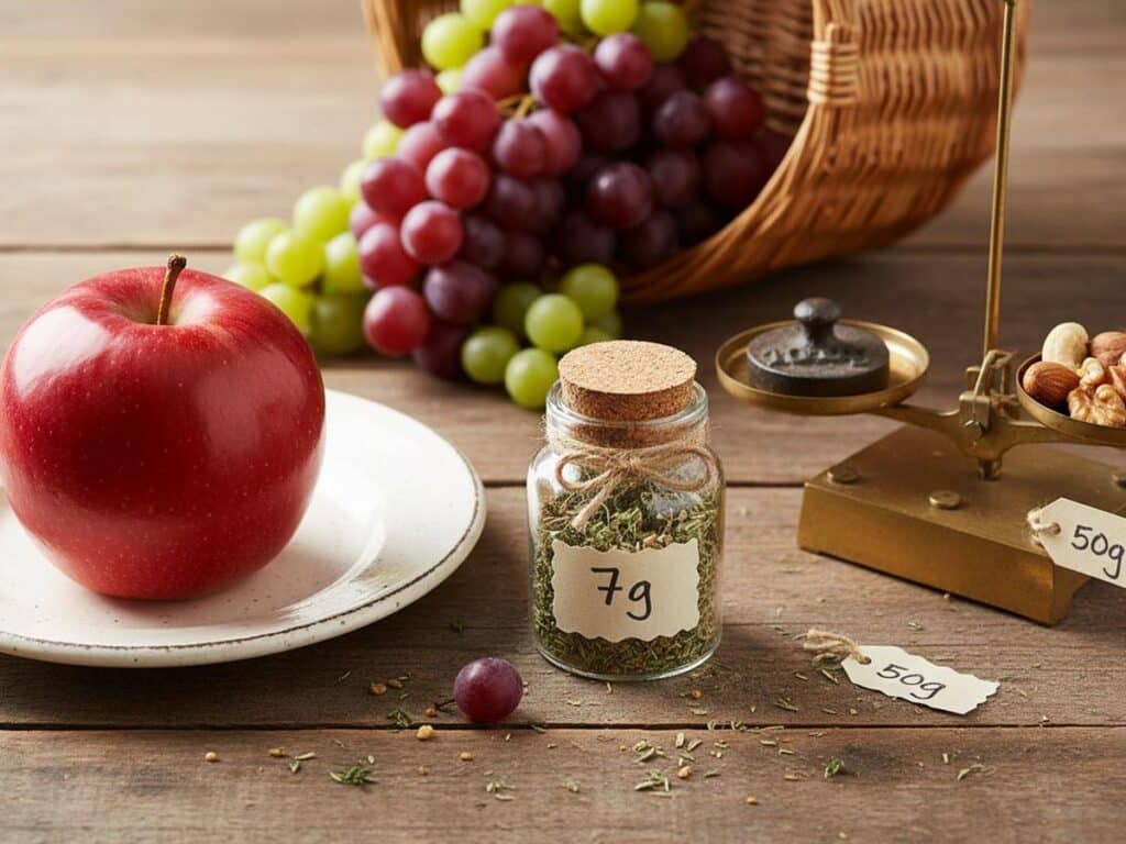 An apple, grapes, dried herbs, and a '7g' label are arranged on a wooden table, showcasing different food weights