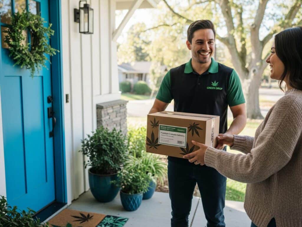 Delivery driver hands a cannabis product in a box to a customer at their home entrance