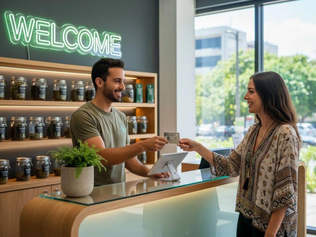 A smiling Asian female employee hands a card to a male customer at a modern reception desk with a 'Welcome' sign.