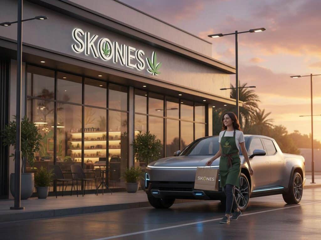 a woman carries a pickup order to a grey electric car parked outside a modern cannabis shop