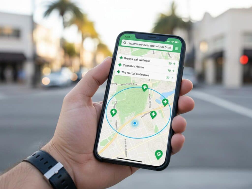 A hand holding a smartphone displaying a map app with search results for 'dispensary near me within 5 mi'