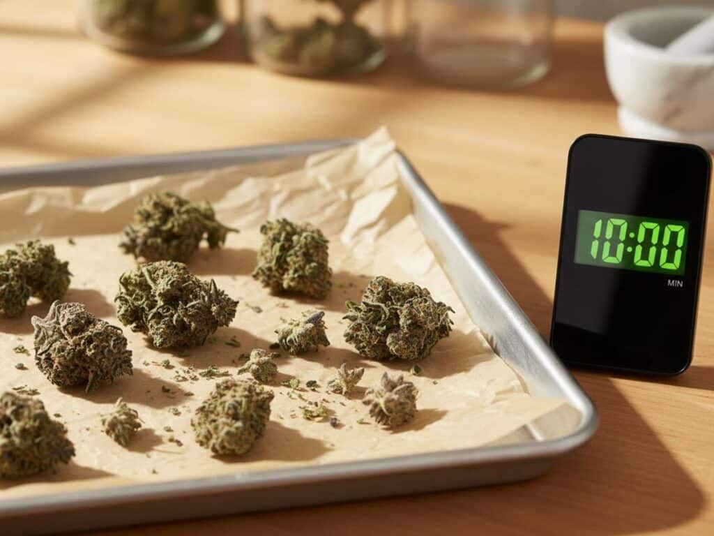 A baking sheet with dried flowers on parchment paper, next to a digital timer showing 10 minutes