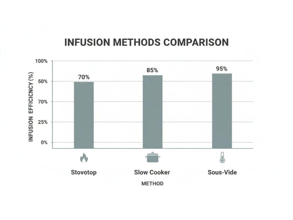 Bar chart comparing infusion methods efficiency: Stovetop 70%, Slow Cooker 85%, and Sous-Vide 95%