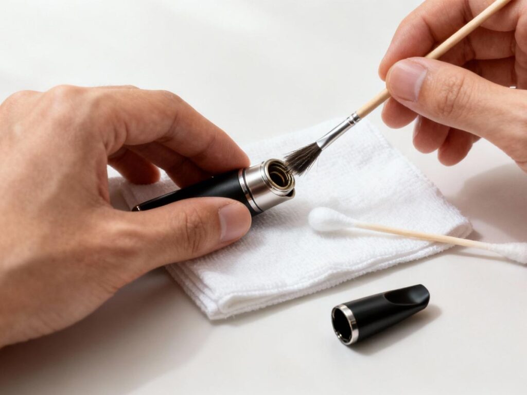 Hands meticulously cleaning a black and silver dry herb vaporizer with a brush, alongside cotton swabs.