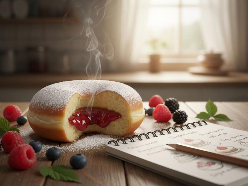 Warm, jam-filled donut with powdered sugar and steam, surrounded by fresh berries and an open notebook.