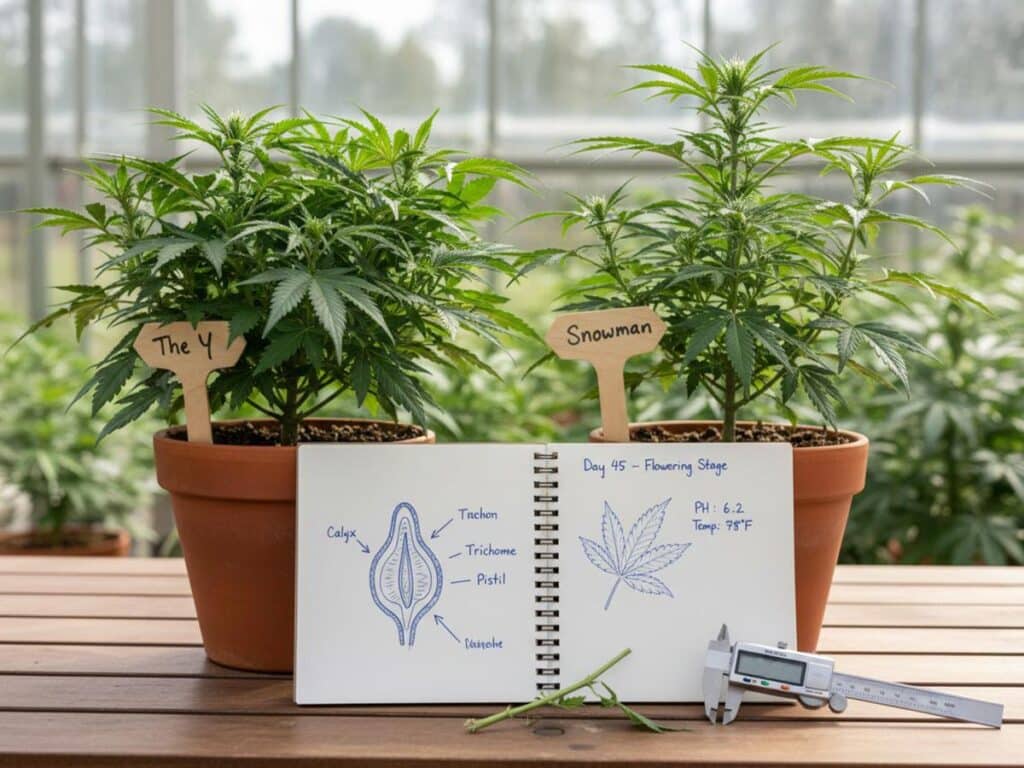 Two potted succulents labeled 'The Y' and 'Snowman' alongside a notebook with a diagram and a caliper.