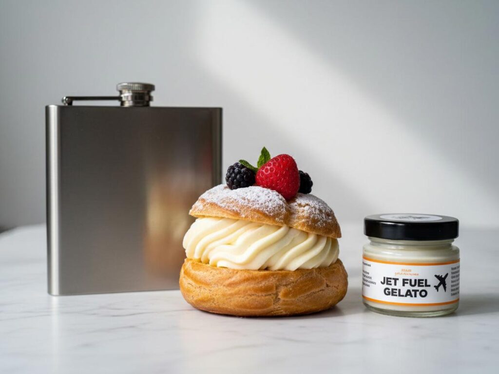 A pastry with cream, a small jar of 'Jet Fuel Gelato', and a metal flask on a light background.
