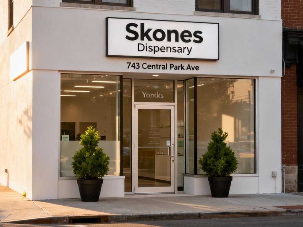 Exterior view of Skones Dispensary storefront with two potted plants and a large sign at sunset.