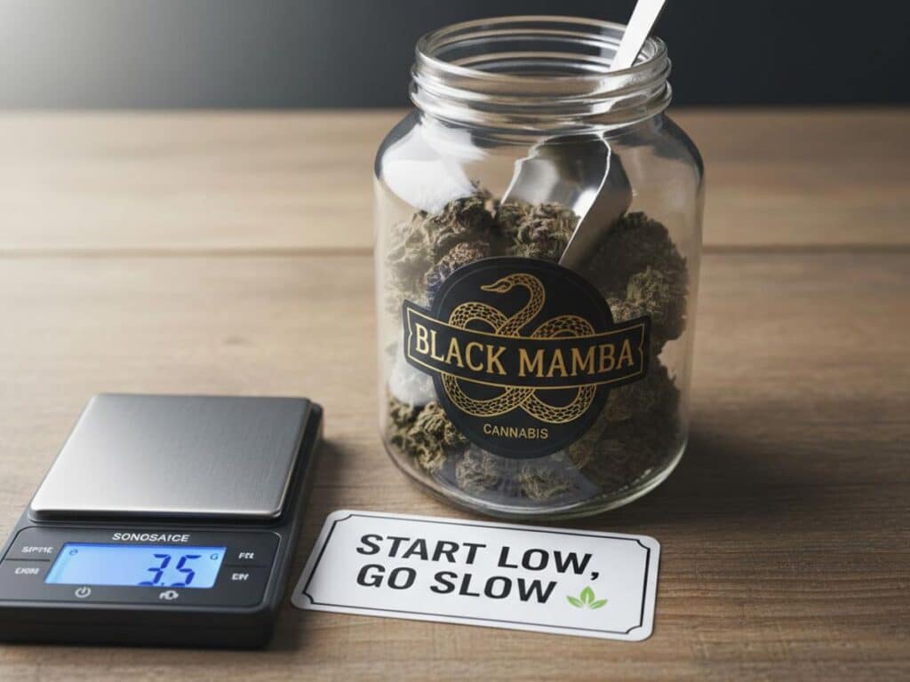 A glass jar of 'Black Mamba herbal' with a scoop, scale, and a 'Start low, go slow' card.