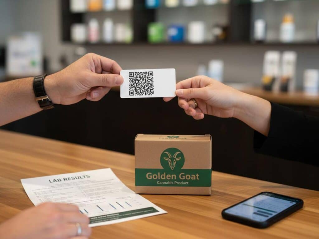 Hands exchange a QR code card over a counter with a 'Golden Goat cannabis product' box, lab results, and a smartphone.