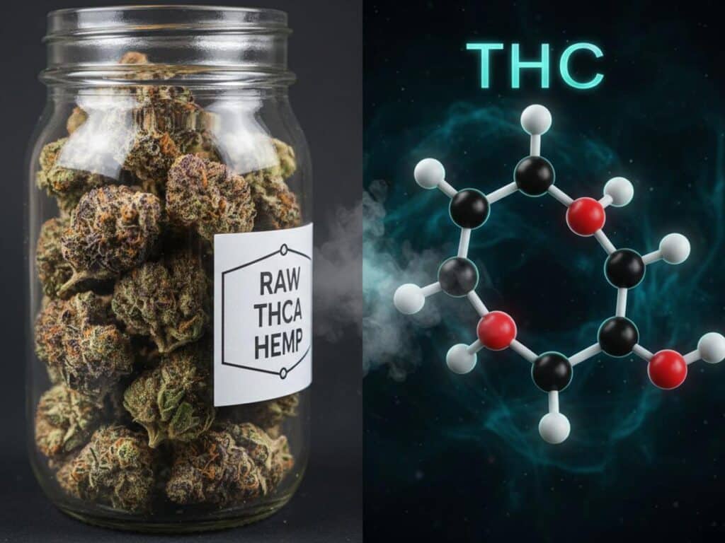 Split image shows raw cannabis buds (THCA) in a jar and activated THC molecular structure.