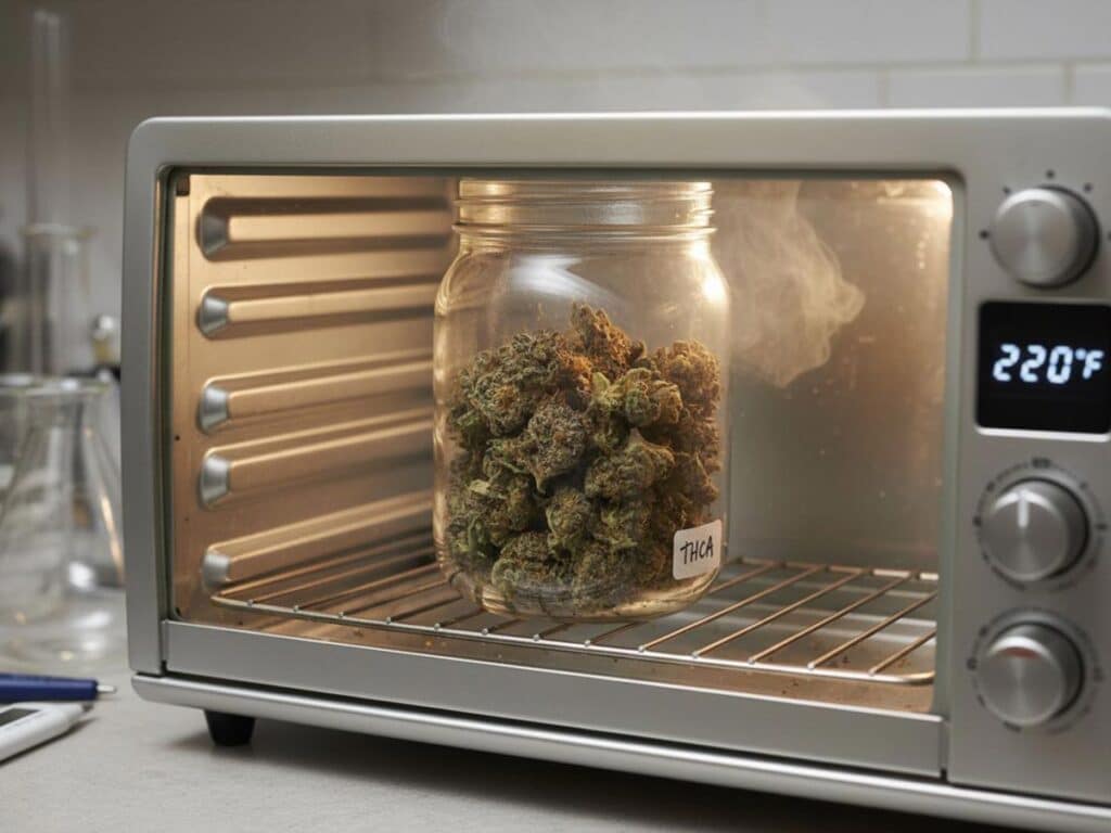 A jar of cannabis in a toaster oven at 220°F, showing THCA converting to THC.