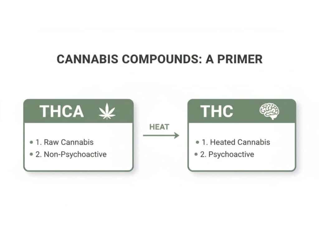Diagram illustrating how non-psychoactive THCA in raw cannabis converts to psychoactive THC when heated.