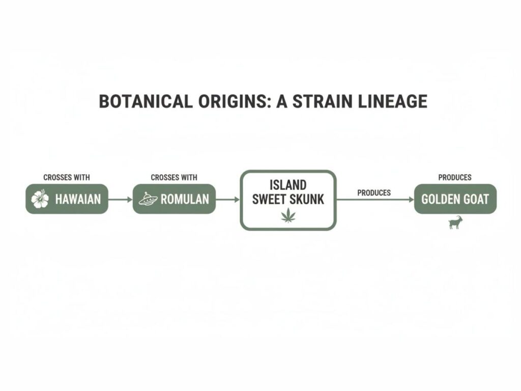 Diagram illustrating the botanical origins of the Golden Goat cannabis strain lineage.