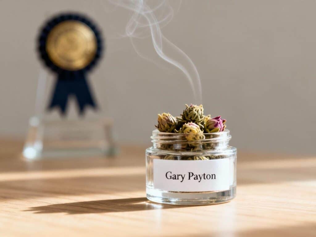 A clear glass jar labeled 'Gary Payton' holds dried flower buds with smoke rising, next to a blurred award on wood.