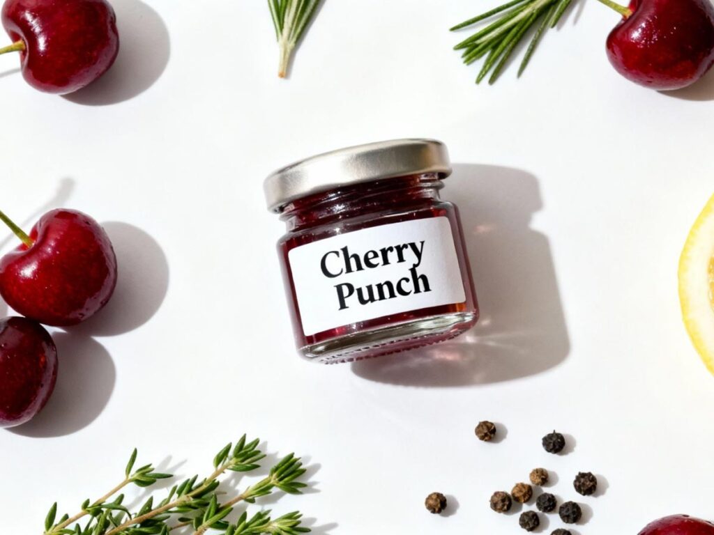 A bright overhead flat lay of 'Cherry Punch' jar with fresh cherries, lemon, rosemary, thyme, and peppercorns on white.