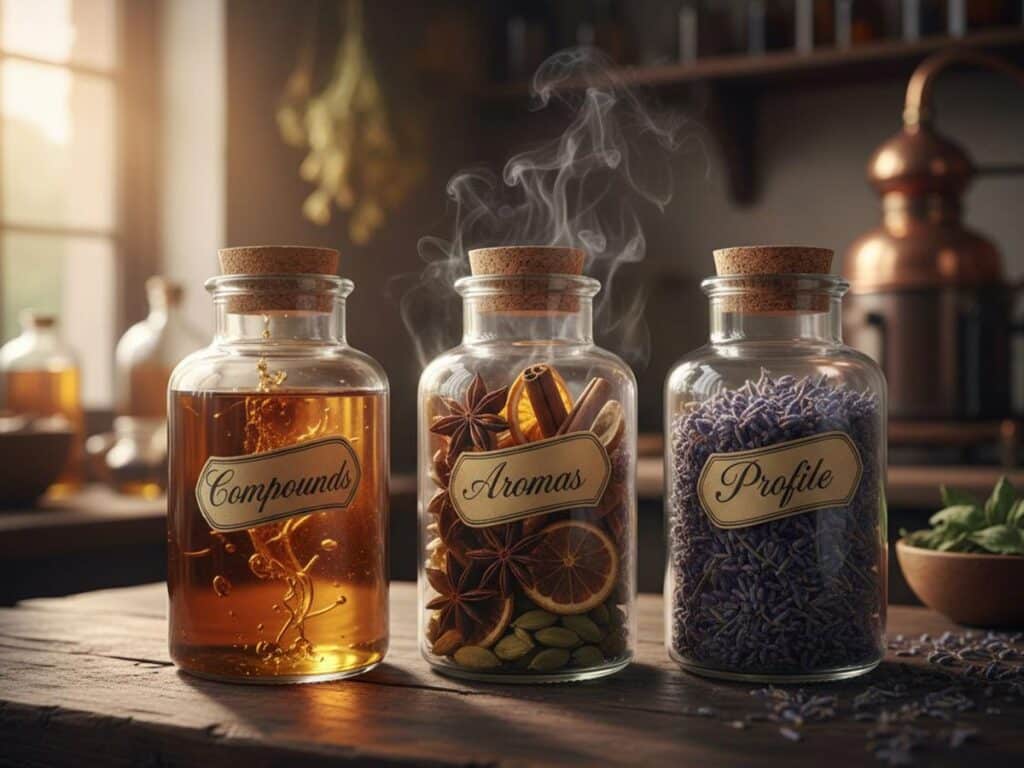 Three labeled jars: "Compounds" with oil, "Aromas" with botanicals, and "Profile" with lavender, on a counter.
