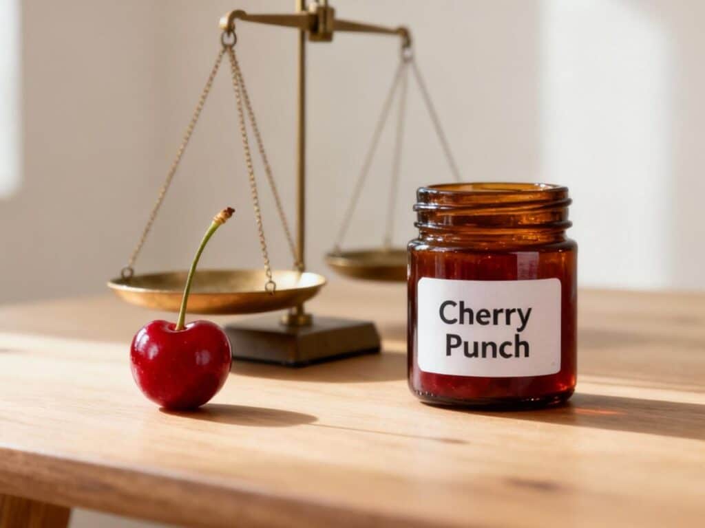 A fresh red cherry on a wooden table, next to a brown jar labeled 'Cherry Punch', with a brass scale in the background.