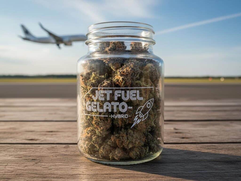 A glass jar filled with 'Jet Fuel Gelato-Hybrid' cannabis buds on a wooden table with an airplane in the background.
