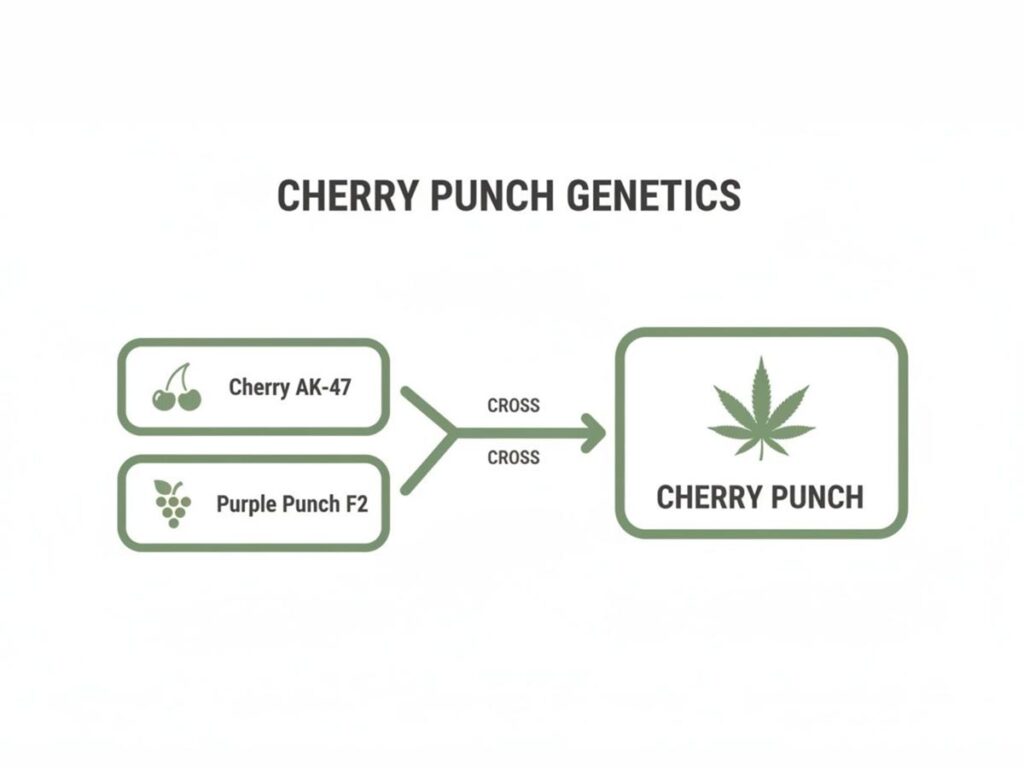Diagram illustrating Cherry Punch cannabis genetics, showing Cherry AK-47 and Purple Punch F2 as parent strains.