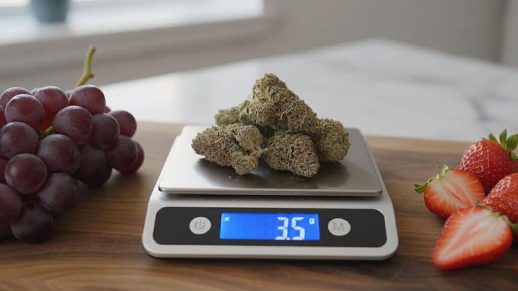 A digital kitchen scale weighing dried cannabis buds and spices at 3.5 grams, with fresh grapes and strawberries