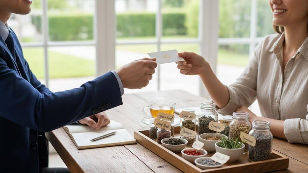 A consultant hands a card to a client next to a tray of herbal samples on a wooden counter.