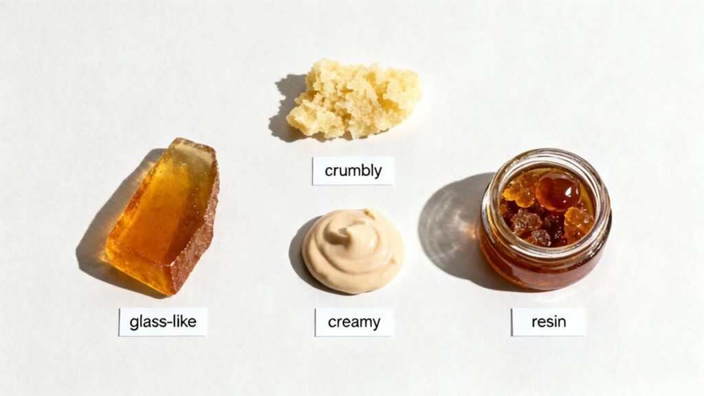 Various cannabis concentrates: glass-like shatter, crumbly wax, creamy budder, and a jar of resin.