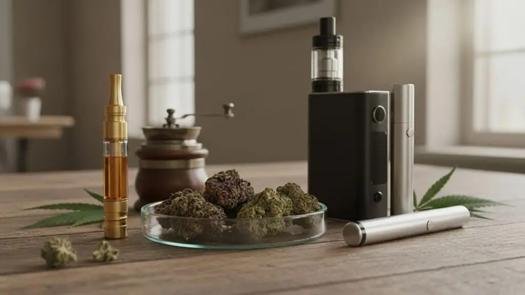 Cannabis flower in a glass dish, a vape oil cartridge, and two vaporizers on a wooden table.