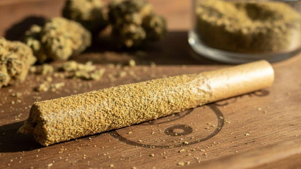 A close-up of a meticulously crafted pre-roll coated in kief.