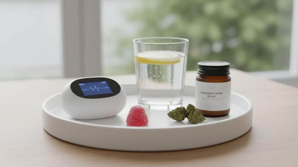 A white tray displays a personal diagnostic device, a berry gummy, water, and an cannabis product jar.