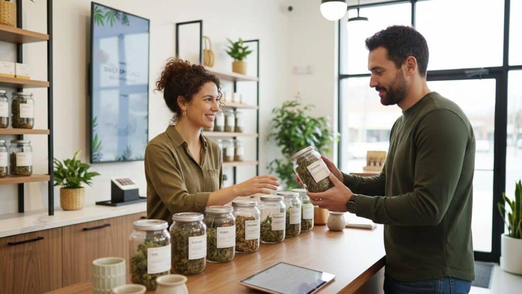 A smiling store employee assists a customer at a counter in a modern wellness store with herbal jars.