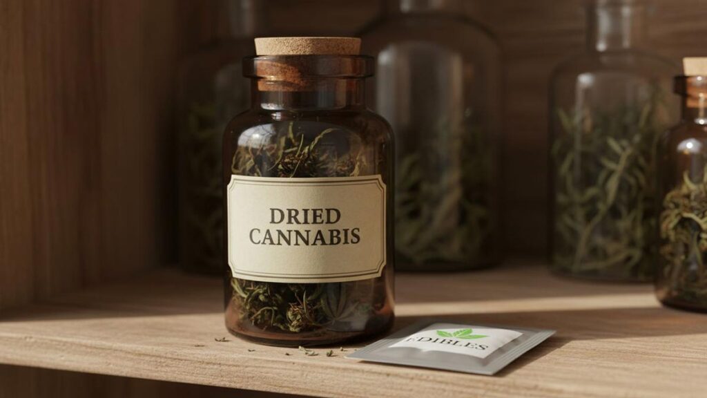 A brown glass jar labeled 'Dried Cannabis' and a small packet on a wooden shelf.