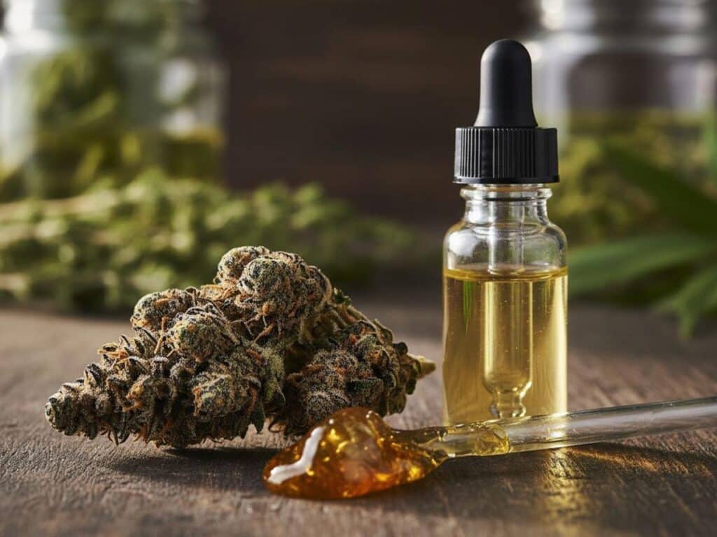 A cannabis bud and full-spectrum extract alongside a refined distillate in a dropper bottle.