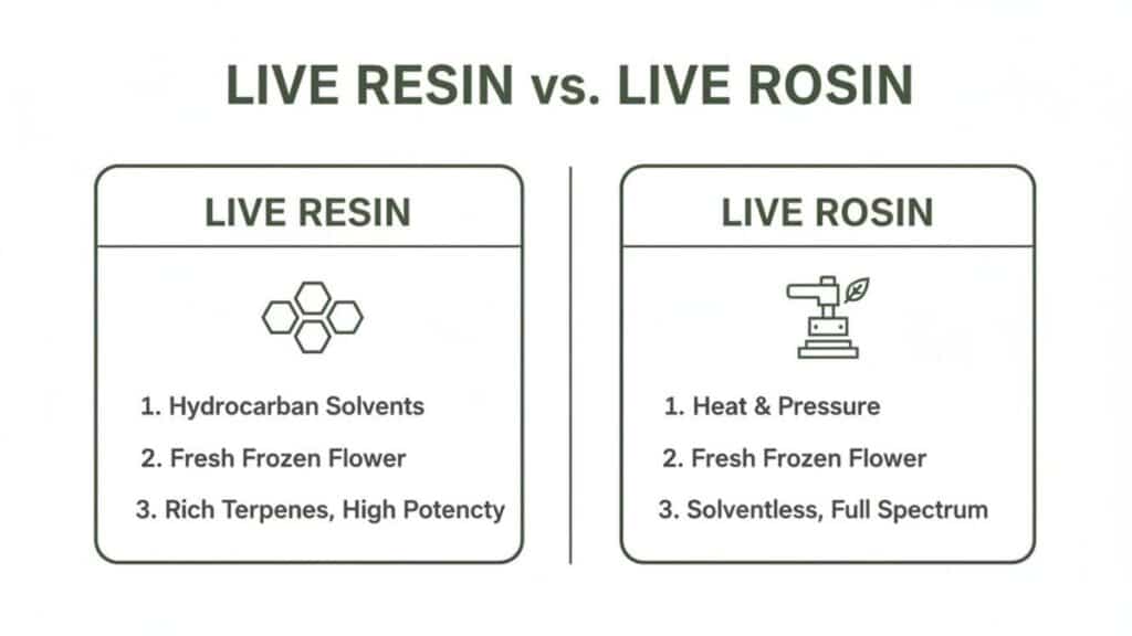 Comparison chart detailing Live Resin vs. Live Rosin, showing their distinct production methods and properties.