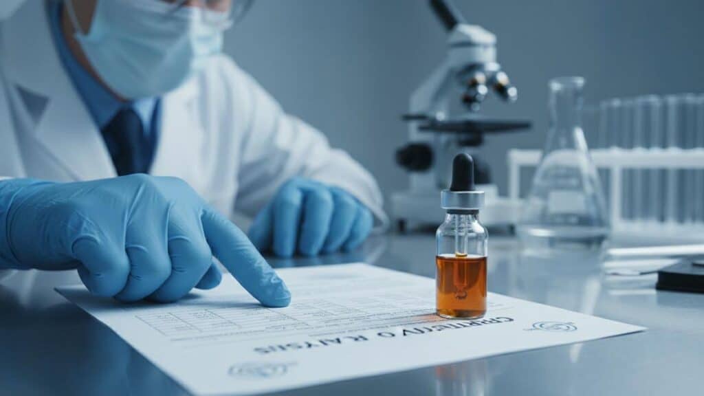 A scientist in blue gloves points at a 'Certificate of Analysis' document next to a vial of plant extract in a lab.