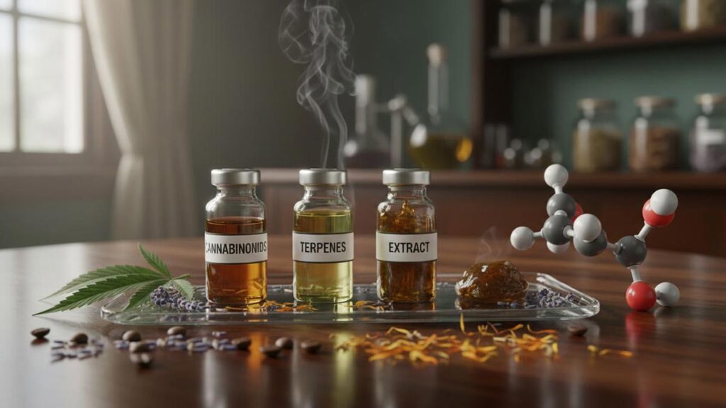 Three vials of cannabinoids, terpenes, and extract on a tray with botanicals and a molecular model.