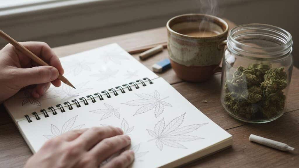 Hands drawing leaf designs in a notebook, next to a jar of cannabis and a coffee cup.