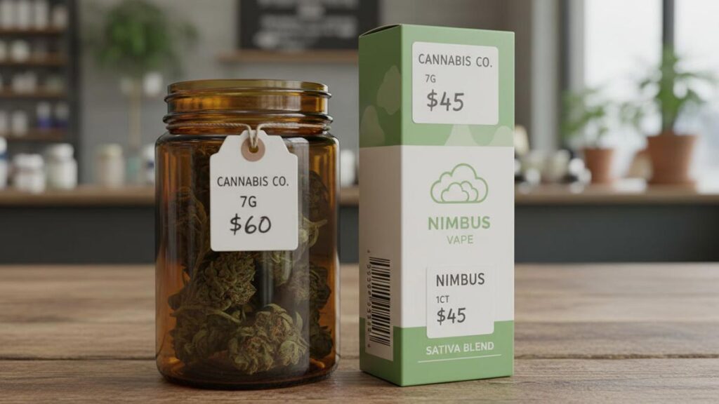 An amber glass jar with a price tag and a cardboard box with a barcode and price tag.