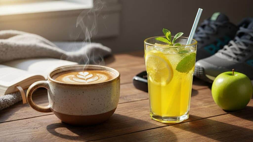 Two drinks demonstrating relaxing and energizing effects, with a coffee mug and a tall yellow cup.
