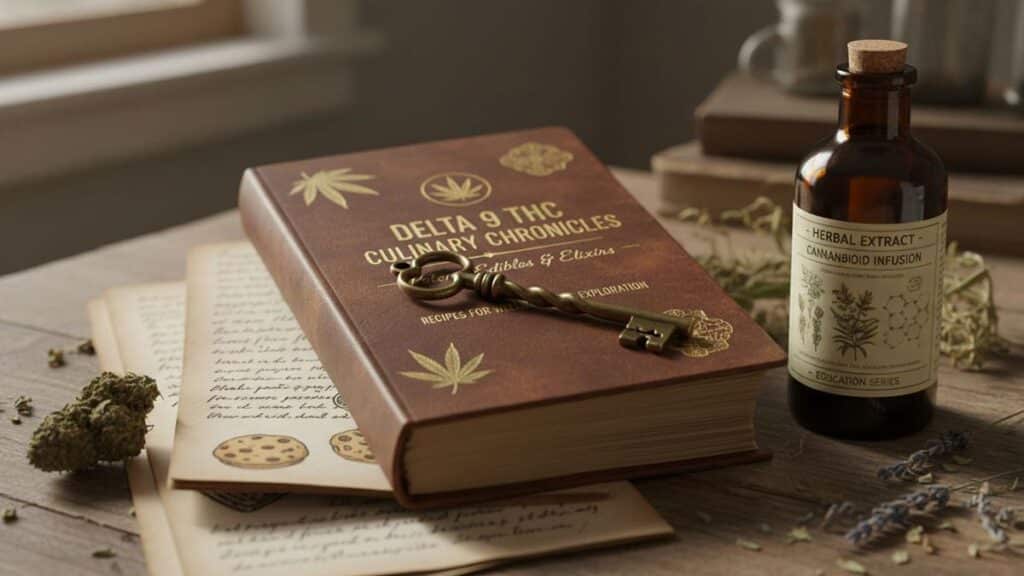Notebook about Delta 9 THC recipes with a vintage key and an educational herbal extract bottle.